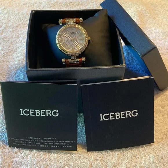 Brand New Never Worn Iceberg Gold Crystal-Studded Watch with Brown Strap